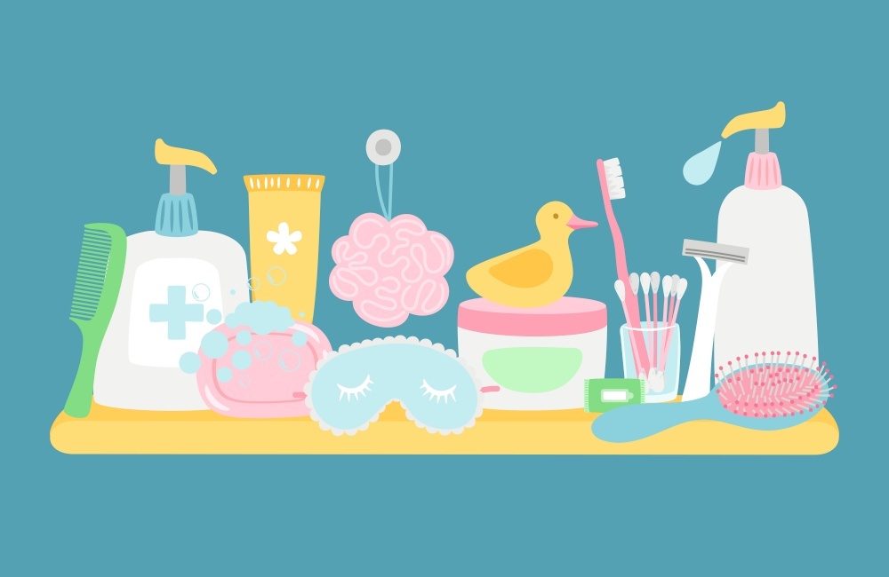 藍色背景下的浴室衛(wèi)生配件與化妝品矢量圖 零售美學與實用性的融合